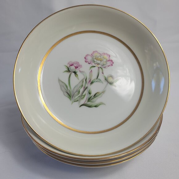FOUR Mikado Harmony Coupe Soup Bowls Cream Rim Pink Floral Center - Picture 1 of 15